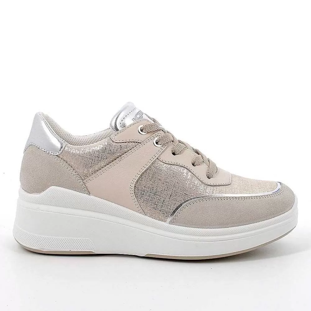 Zeppe | Igi&Co Sneakers Con Zeppa In Pelle Da Donna Beige-Platino